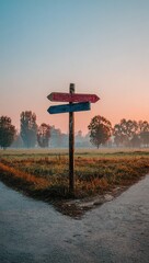 A weathered wooden signpost marks a crossroads in a grassy field at dawn, offering multiple choices in a serene, contemplative setting.