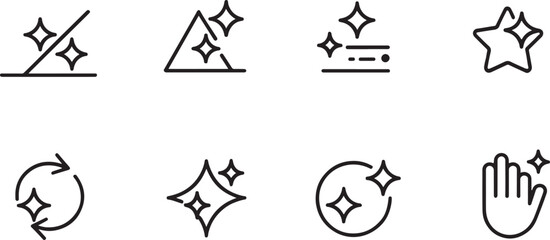 Minimalist sparkle icons set for cleanliness, freshness, enhancement, UI design, branding, and digital aesthetics.