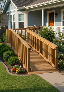 A warm sunset illuminates an accessible porch with ramp, surrounded by vibrant flowers, ideal for real estate, home improvement, and accessibility promotions.