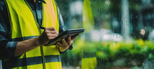 The worker with tablet inspecting through a rain-speckled window at construction site