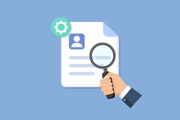 vector Illustration of a profile document being examined with a magnifying glass, a user icon, and a gear symbol, conveying identity verification, data review, and recruitment.