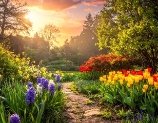 Colorful spring garden path at sunset