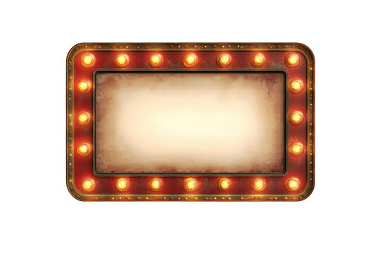 Vintage illuminated sign with glowing light bulbs empty space for customizable content