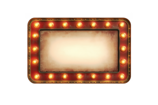 Vintage illuminated sign with glowing light bulbs empty space for customizable content
