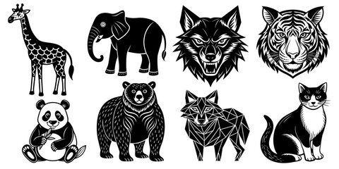 Black and White Vector Animal Illustrations – Giraffe, Elephant, Tiger, Wolf, Bear, Panda, Cat