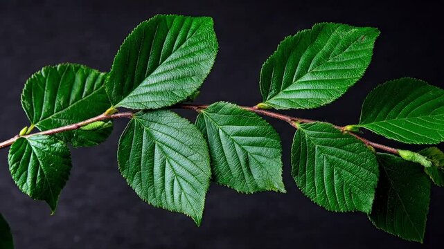 Elm tree branch with vibrant green leaves against a dark backdrop displaying prominent veins and textured edges