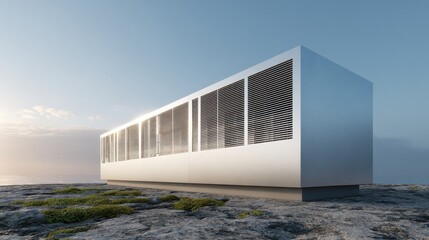 Fototapeta premium Modern minimalist house design on rocky coastal landscape at sunset