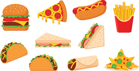 Vector Fast Food Clipart Featuring Burgers, Pizza, Tacos, Sandwiches, Fries, Hot Dogs, Nachos, and Wraps – Colorful Meal Icons