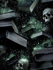 Spooky old tomes and books with magical effects and skulls.