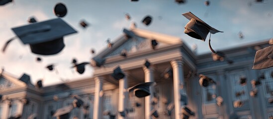 Fototapeta premium Graduation caps flying in the air in front of a grand building