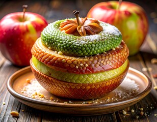Colorful stacked apples with a decorative design