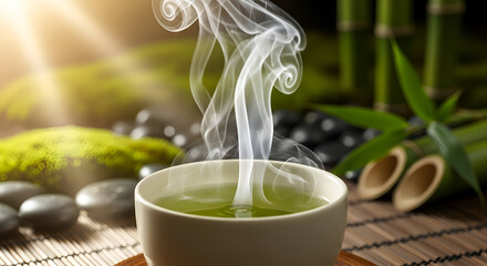 A cup of green tea with steam in a zen-like setting, bamboo and stones