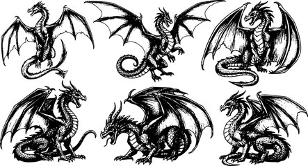 Sketched set of dragon silhouettes isolated
