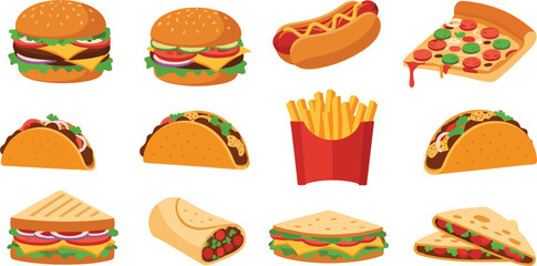 Vector Fast Food Clipart Featuring Pizza, Burgers, Tacos, Sandwiches, Hot Dogs, Burritos, Quesadillas, Fries, and Casual Meal Icons