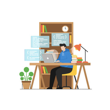 A full-stack developer concept featuring a character, suitable for web banners, infographics, and hero images, presented as a flat vector illustration on a white background