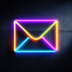 Neon email icon glowing with vibrant light on a dark backdrop