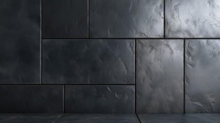 Textured and industrial dark metal tile panels create a contemporary yet raw visual impact. the light reflecting across the surface, the image exudes an air of modern sophistication and ruggedness.