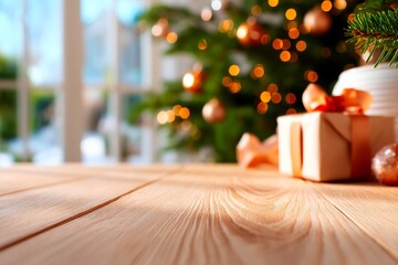 A clean empty wooden table ideal for product display montages with a festive Christmas tree in the background casting a warm and inviting glow