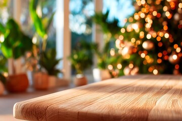 A clean empty wooden table with a blurred Christmas background and plenty of copy space ideal for marketing montages and holidaythemed designs