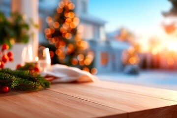 A minimalist empty table with a serene and blurred Christmas background providing a beautiful backdrop for food products or holiday messages