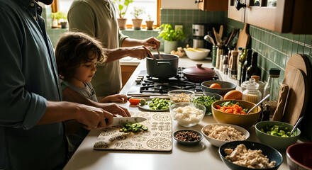 A family cooking together in the kitchen preparing a healthy lunch or dinner