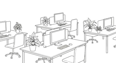 Fototapeta premium Office illustration displaying minimalist open plan office space with desks and computers