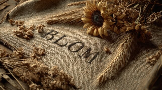 Dried flowers, wheat, burlap, word "BLOM