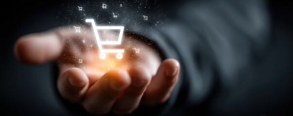 Businessman Holding a Digital Shopping Cart Hologram in Futuristic Concept