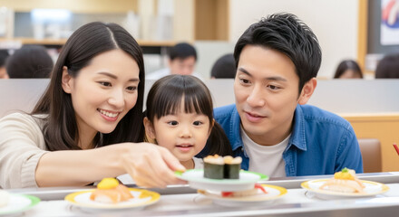 回転寿司で食事をする家族