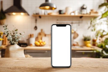 A white blank smartphone mockup on a kitchen island counter