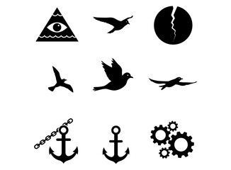 Cool Black and White Icon Set Birds, Anchors, and More