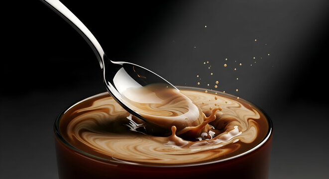 Artistic Capture of Coffee Splash with Spoon, Showing Swirls and Delicious Moment - Powered by Adobe