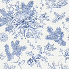 Toile art Christmas Vintage botanical seamless pattern fir branches holly mistletoe poinsettia rowan. Blue beige. Hand drawn vector background for design package, holiday decor, decoration new year