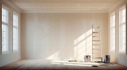 Empty room renovation with a ladder and painting supplies.