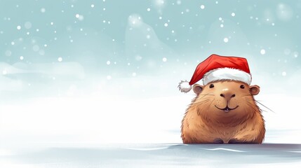 Cute cartoon capybara wearing a red Santa hat, sitting in a snowy landscape, surrounded by soft snowflakes, evoking a joyful holiday spirit and winter cheer