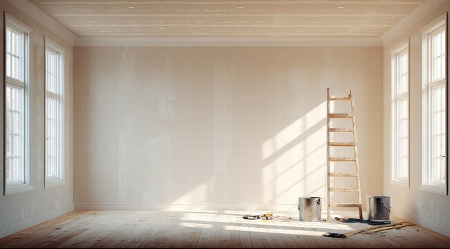 Empty room renovation with a ladder and painting supplies.