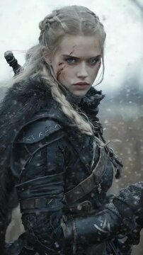 Slavic warrior: viking spirit, feminine courage, tribal shield, ancient saga, bold stance, legendary tale, nordic myth, fearless gaze, warrior code, cultural essence