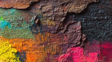 Textured abstract canvas with thick acrylic brush strokes in earthy tones and bold vibrant colors for modern creative art background