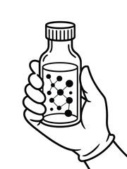 Hand in glove holding a science vial with molecular structure
