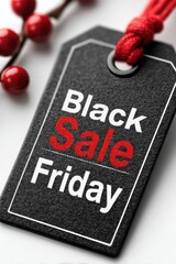Black Friday sale tag with holiday decorations in a festive setting
