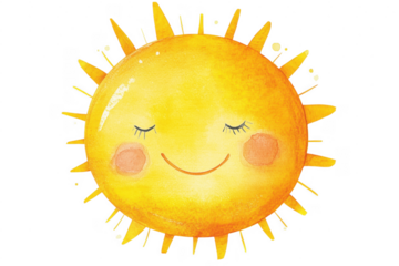 Watercolor illustration of a cute smiling sun with closed eyes isolated on transparent background