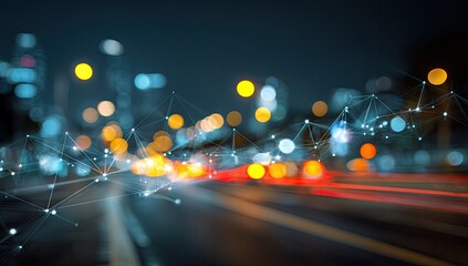 Abstract night city scene with digital network overlay