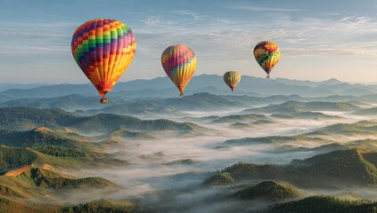 Colorful hot air balloons over a misty mountain range