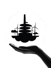 Hand holding silhouette of wind turbines and power plant symbolizing green energy