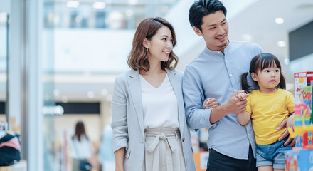 ショッピングモールで買い物をする家族