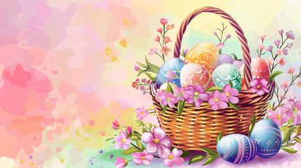 Watercolor painting of Easter eggs in a basket surrounded by flowers and springtime elements