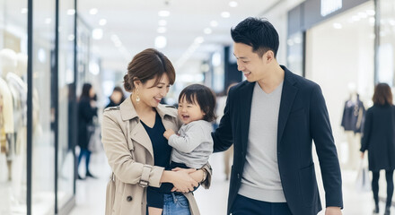 ショッピングモールで買い物をする家族