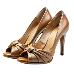 Pair of brown leather peep toe high heel pump isolated on transparent background