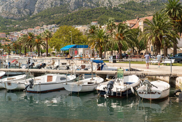 Small motorboats moored at the pier on the palm-lined promenade