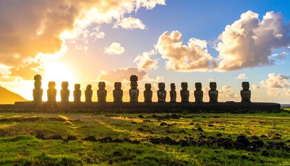 Dramatic sunrise over Easter Island statues